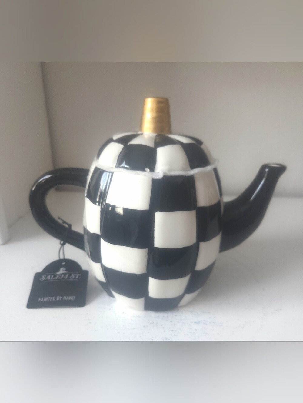 Checkerboard Porcelin Teapot with Gold Tip